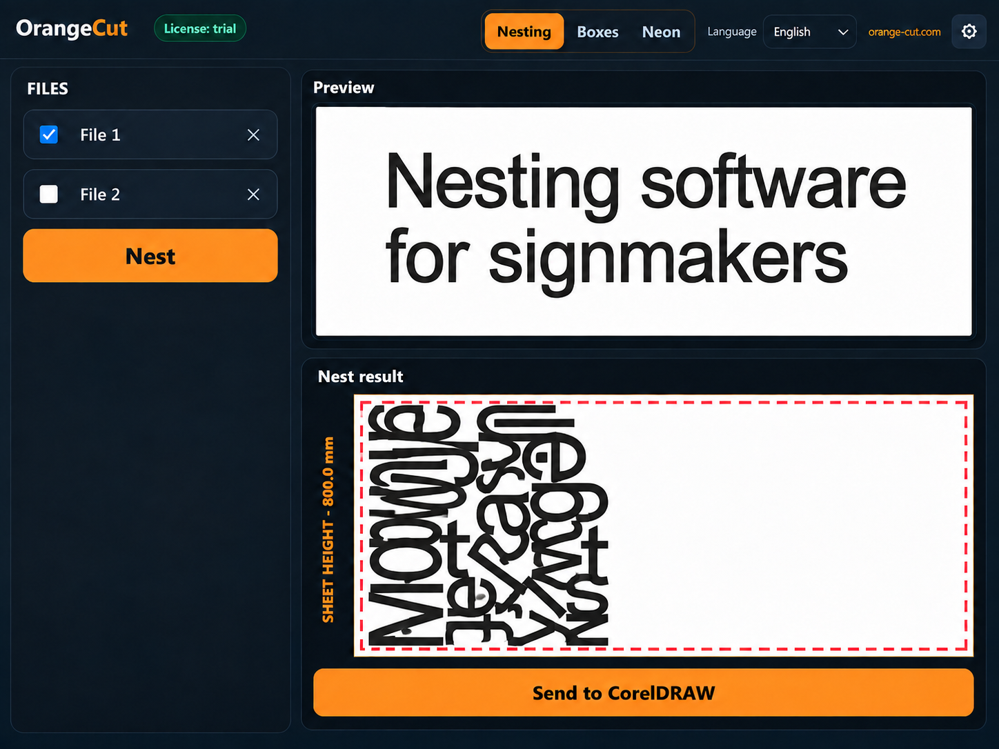 Orange Cut interface: two files, source text and its nesting result on a sheet